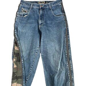 90s-Y2K PACO Denim Camo Zip Strip Wide Leg 34x32 Skater Rave Club Vintage